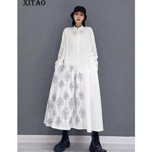 XITAO Asymmetrical Print Fold Shirt Dress Fashion New Simplicity Turn-down Collar Casual Loose Women 2021 Autumn WMD2575