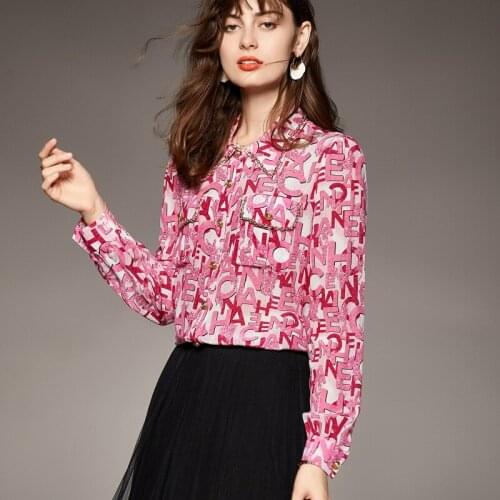 2021 European Station Summer Womens Clothing New Fashion Polo Collar Long Sleeve Silk Crepe De Chine Printed All-Matching Shirt