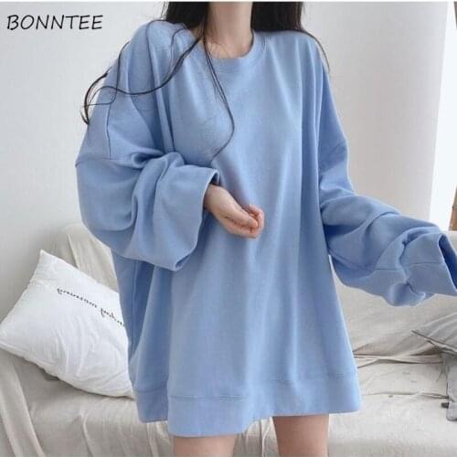Women Hoodies Couple Solid Pullover Full Sleeve Round Neck Comfortable Spring Baggy All-match Korean Style Simple Students Chic