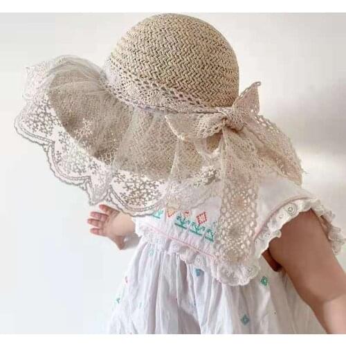 2021 Fashion New beautiful Kids Girls Boho Straw Hats Caps Princess Lovely Print Lace Sunflowers Sunhats Outfits