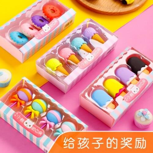 4pcs/Box Cute Erasers Set Mini Icecream Mini Lollipop Icecream Popsicle Donuts Rubber Pencil Eraser School Supplies