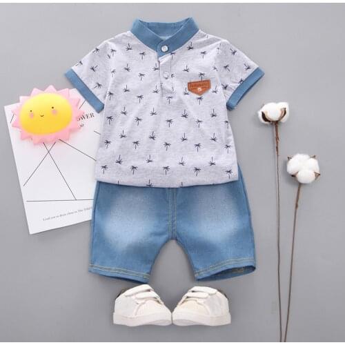 40# Toddler Kids Clothes Baby Boy Childrens Short-sleeved Coconut Tree Print Shirt T-shirt Top + Jeans Baby Boy Clothes Set