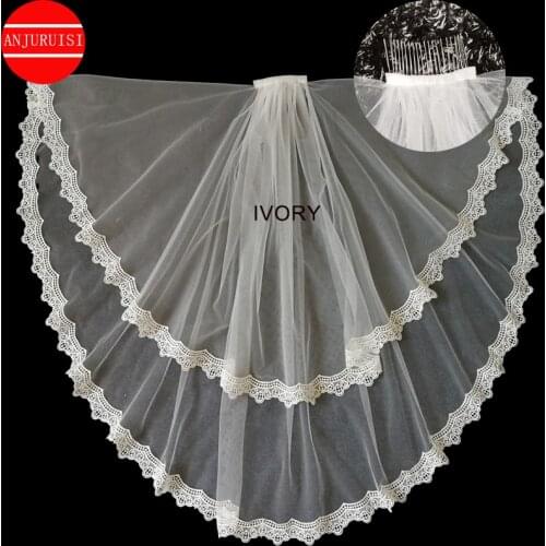 ANJURUISI Cheap Short Bridal Velo Lace Edge Two Layer Wedding Veil White Tulle veu de noiva Bridal Accessories With Metal Comb