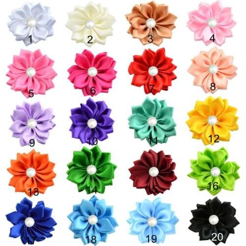 1.6" 120pcs/lot Rosette Satin Ribbon Flowers with Pearl Button Center for Diy Baby Girls Headwear Kids Women Hair Accessories