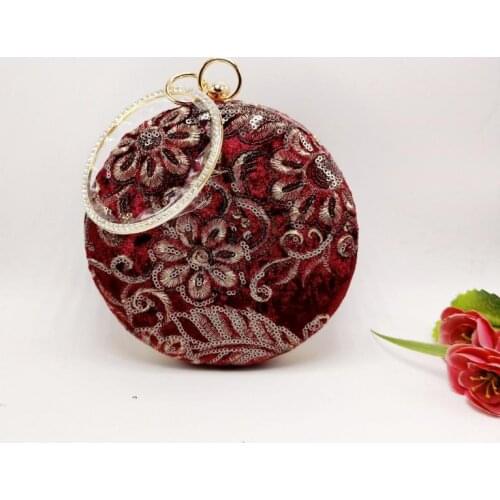 Velvet Sequins Women Evening Bag Round Shaped Diamonds Metal Small Clutch Purse With Chain Shoulder Handbags For Wedding A737