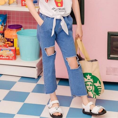 DFXD Children Girls Jeans 2019 Summer Korean Teen Girl Cotton Denim Blue Straight Big Hole Pants For 3-16Yrs Casual Ripped Jeans