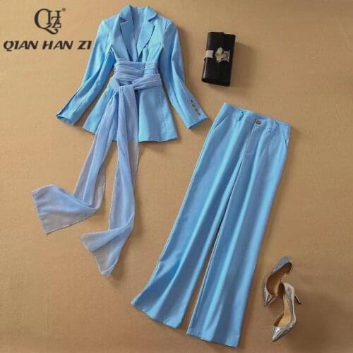 Qian Han Zi designer high-end custom fashion runway suit Women Long Sleeve Silk Scarf Slim coat+long pants 2-piece new office