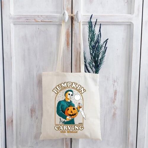 Carving with Men Canvas Tote Bag Woman Skull Shopping Bags 2021 Halloween Horror Movie Custom Bag Streetwear Tote Print