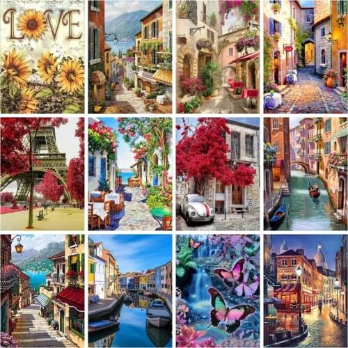 Huacan Full Square/round Diamond Painting City Street Scenery Mosaic Town River Landscape Home Decor