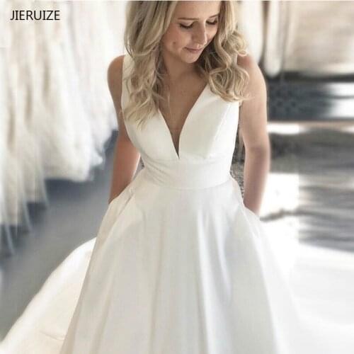 JIERUIZE White Satin Simple Wedding Dresses deep v-neck Backless Wedding Gowns Bride Dresses vestidos de novia