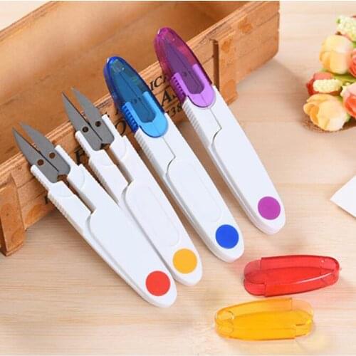 Hot mini 1PC U-shaped Scissors Sewing Trimming Embroidery Portable Scissors with safety Cover Multi-color Household Scissors