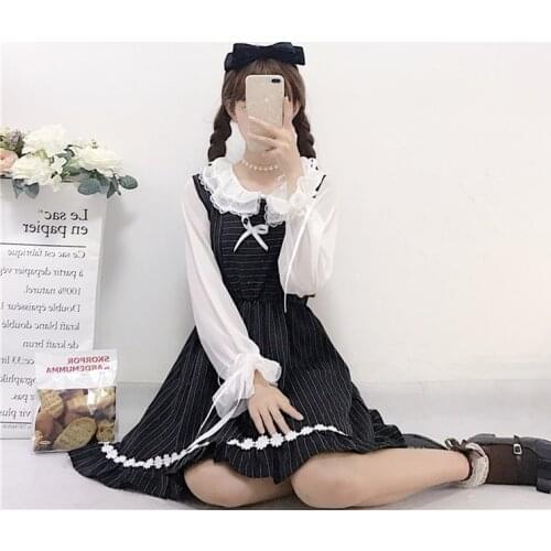 Cute Sweet Womens 2Pcs Set: Peter Pan Collar Chiffon Shirt+Striped Suspender JSK Dress Lolita A-Line Autumn Women Fashion Girl