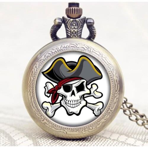 Fashion Cool Pirate Skull Bronze Pocket Watch with Retro Necklace Pendant Chain Clock Children Man Woman Gift Relogio De Bolso