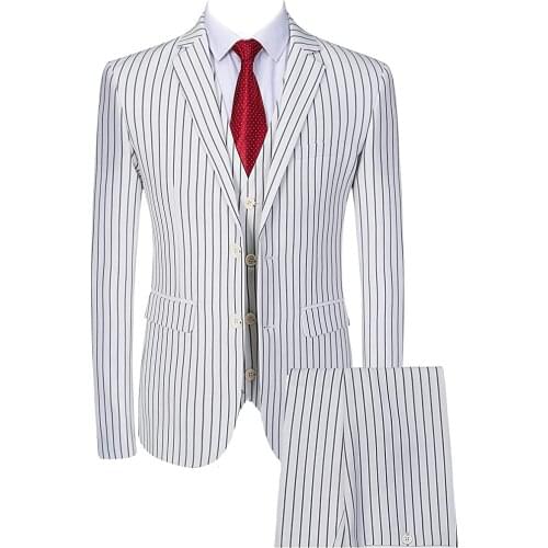 Mens Casual 3 Pieces Mens Suits Pinstriped Slim Fit Tuxedos For Wedding Groommen ( Jacket+Vest+Pants)