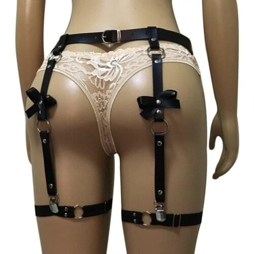 Punk Goth Bow Garter Belt Leg Ring With 4 Suspender Straps PU Leather Leg Harness Bondage Erotic Lingerie For Women Leg Garters