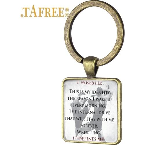 TAFREE Simple Vintage square keychain Wrestling art photo Antique bronze plated keyring for women bags keyring jewelry WR08