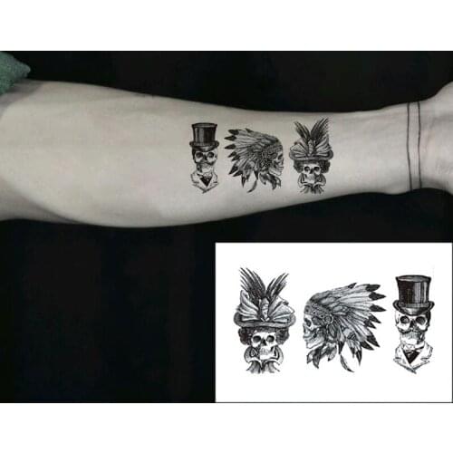 Waterproof Temporary Tattoo Sticker Indian Skull Chief Feather Hat Art Water Transfer Flash Tatoo Fake Tatto for Men Women