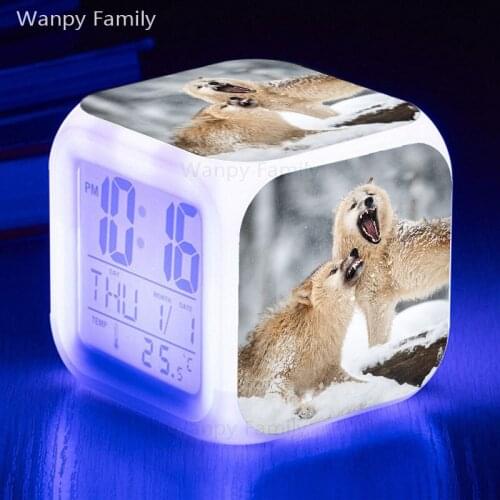 Howl Arctic Wolf Alarm Clocks 7 Color Glowing LED Digital Clock For Kids Birthday Gift Multifunction Touch Night Lights Clocks