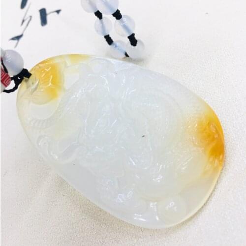 Natural Brazilian Ice Bottom Chalcedony Jade Carving Light Two-Color Big Dragon Dragon Pendant with Chalcedony Bead Necklace Swe