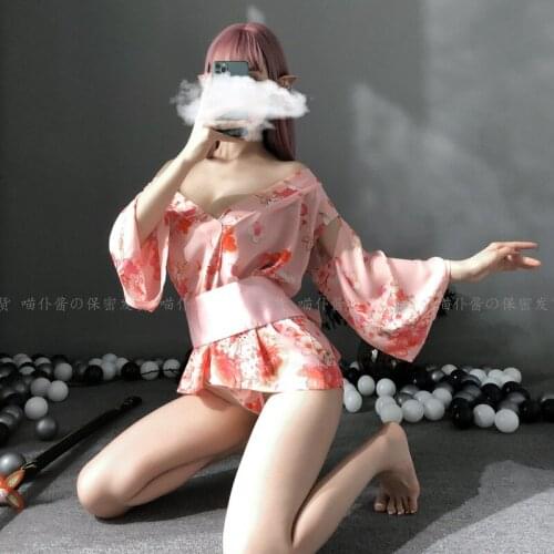 Japanese Kimono Sexy Lingerie Cosplay Uniform Women Soft Silk Belt 3pcs Set Red Pink Traditional Style Robe AV Costumes Pajamas