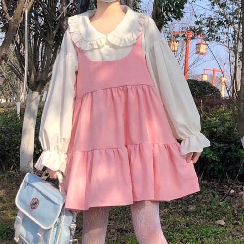 Japanese Kawaii Soft Girly Two-piece Suit Loli Peter Pan Collar Flare Sleeve Shirt Sweet Sleeveless Ruffles Suspender Dresses