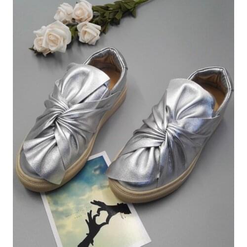 Brand designer big knot creepers flats women round toe white/silver leather platform shoes slip on loafers women espadrilles