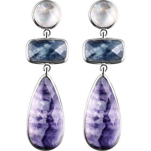 DORMITH real 925 sterling silver earring luxury natural blue sapphire fluorite mother pearl drop earring for women fine jewelry