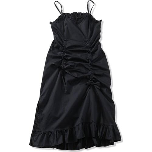 Baldauren Ruffles Camis High Waist Dresses Women Sleeveless Mid-Calf V-Neck A-line Clothing 2021 Summer Korean sexy New Dress