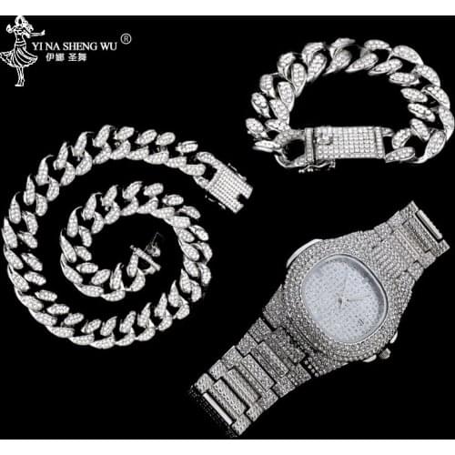 Hip Hop 20MM 1 Set Miami Cuban Chain Necklace +Bracelet +Watch Iced Out Paved Rhinestones CZ Necklaces Jewelry For Men Rapper