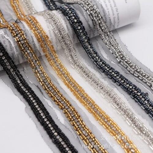 2Yard Black Gold Beading Pearl Trims Beaded Ribbon For Sewing Clothing Collar Headdress Accessories Crystal Mesh Lace Decoration