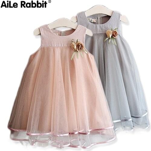 AiLe Rabbit 2019 girls fashion dress summer brooch A word princess dress pink gray childrens clothing