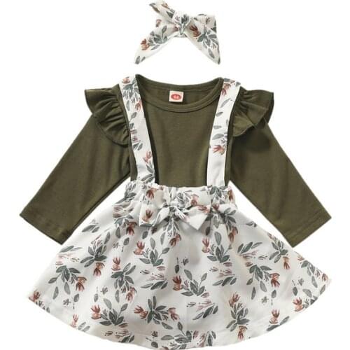 Babys Girls Clothes Suit Round Neck Romper Top Strap Skirt with Bow Headdress Autumn Solid Color Romper