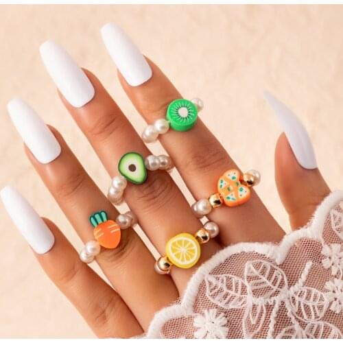 Docona 5pcs/set Bohe Pearl Butterfly Rings for WOmen Girls Sweet Fresh Fruit Vegetable Kiwi Cute Ring Set Jewelry Anillos 18615