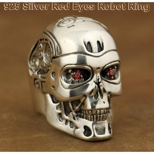 925 Sterling Silver Punk Retro Fashion Skull Ring Cool Mens Knight Individuality Red Eyes Robot T800 Ring TA80 US Size 7~15
