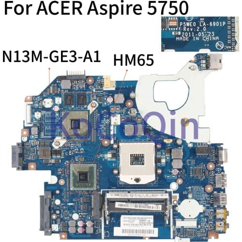 KoCoQin Laptop motherboard For ACER Aspire 5750 5750G GT520M Mainboard P5WE0 LA-6901P MBBYL02001 HM65 N13M-GE3-A1