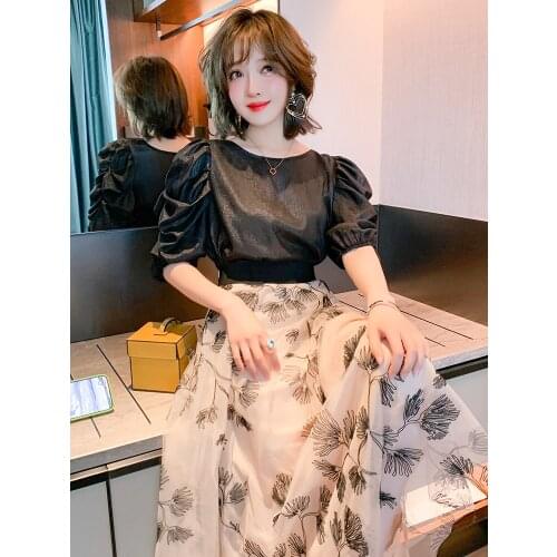 Sweet cool pure color round collar fold hubble-bubble sleeve blouse female new summer