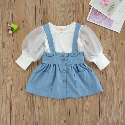 1-5Years Fashion Baby Girls Clothes Solid Color Set Long Mesh Puff Sleeve O-neck Tops + Denim Suspender Skirt with Ruffles