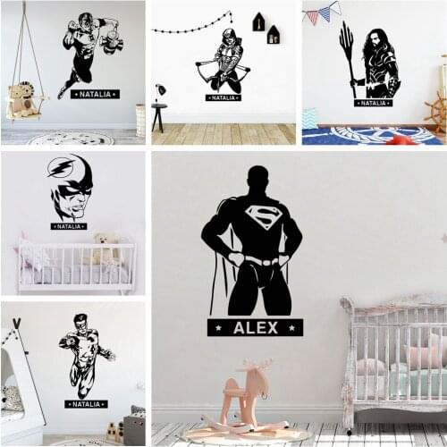 Cartoon Superhero Wall Stickers Custom Name Wall Sticker For Kids Rooms Decoration Background Wall Art Decal Drop Shipping