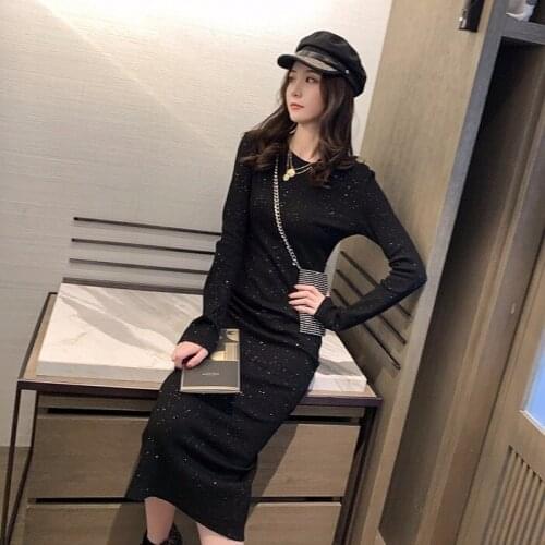 Autumn Winter Ladies Shiny Black Knitted Dress Womens Long-sleeved Round Neck Mid-length Slim-fit Over-the-knee One-step Dress