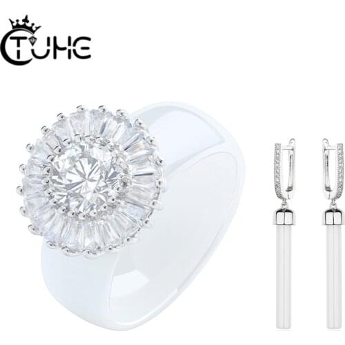 Luxury Women Dazzling Flower Ceramic Ring Bling Big Crystal With Long Drop Earrings Fashion Women Wedding Jewelry Set Elegant