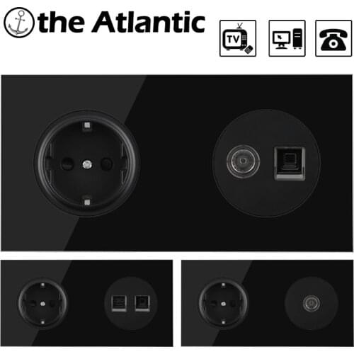 EU DE Plug Wall Power Outlet RJ45 Cat5e Computer Satellite Antenna TV Signal Television Telephone Socket Data Female Jack Black