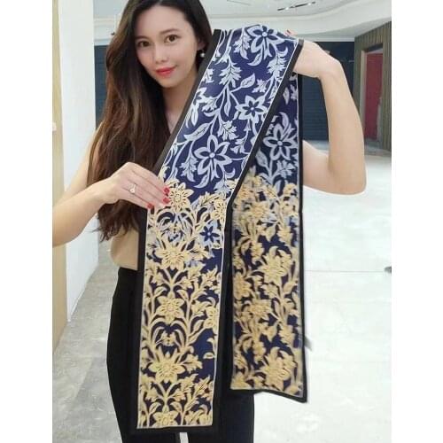 Blue Golden 100% Real Silk Ring Scarf Ribbon Womens Charming Long Neck Head Hair Hat Scarves Multifunctional 150*15cm