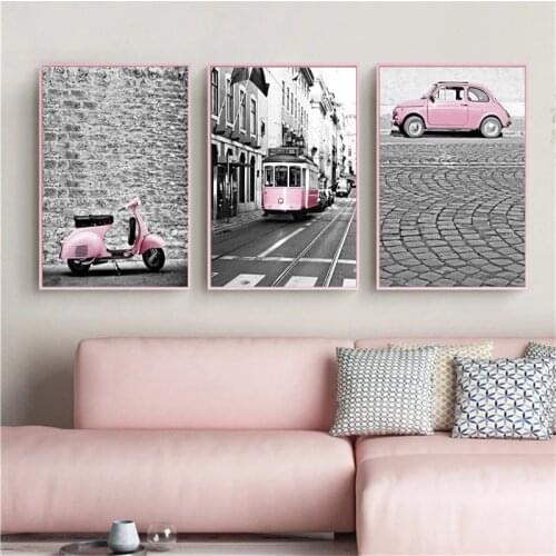 Modern Home Decor European City Landscape Picture Nordic Canvas Painting Wall Art Pink Car Bus Posters And Prints For Dormitory