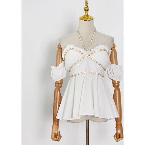 Women White Halter Off Shoulder Blouse Chain Backless Casual Tops