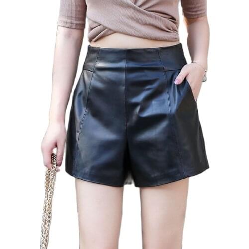 A-1753 Autumn and Winter Clothing New Style All-match High Waist Leather Pants Women Sheepskin A- Line Boots Wide Leg Shorts
