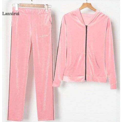 Women Autumn Warm Velvet Set 2 Pcs Sportwear Winter Tracksuit Two Piece Set Stripe Sweatshirt and Pant Suit Homewear sets