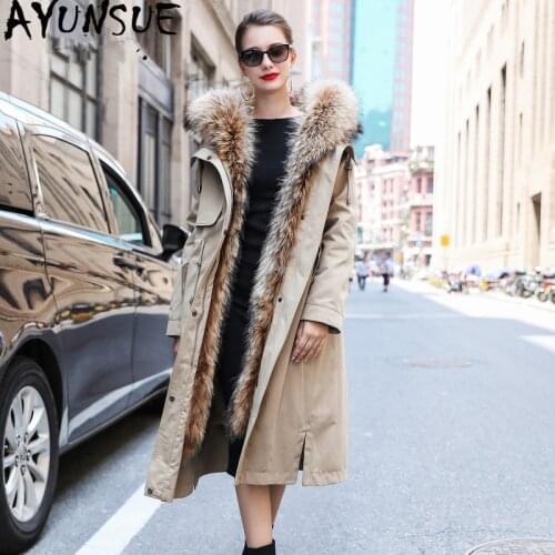 AYUNSUE Real Fur Parka 2020 Winter Jacket Women Natural Rabbit Fur Liner Long Trench Coat Female Raccoon Fur Collar Parkas MY