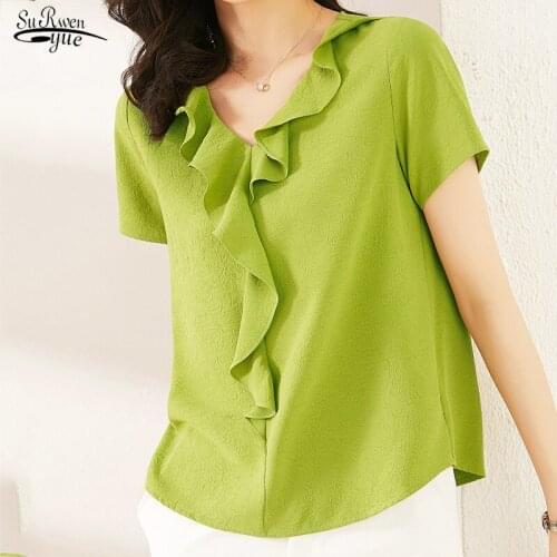 Short Sleeve All-match Slim-Fit Fashion Style Summer Tops and Blouse Solid Color Ruffled Chiffon Shirt Women Blusas Mujer 10055