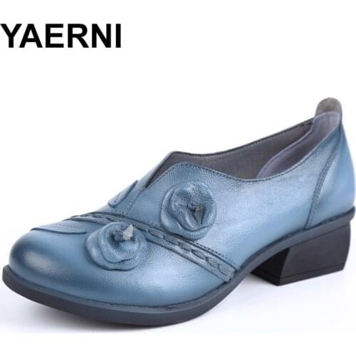 YAERNI 2018 Retro Style Handmade Pumps Genuine Leather Mid Heels Round Toe Low Heels Women Shoes E532