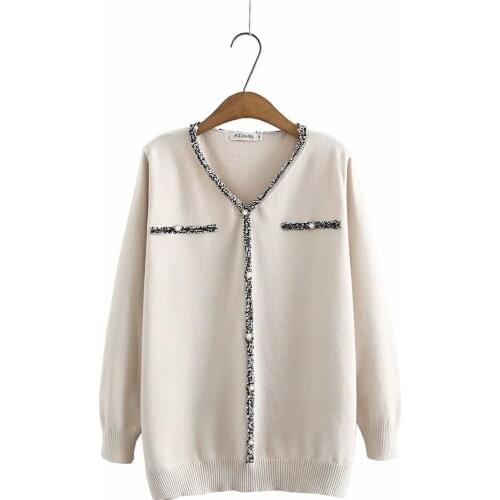 Oversize Women Sweater Chic Jumper Spring/Autumn V Neck Long Sleeve Pearl Knitted Tops Slim Pullover Fashion 2020